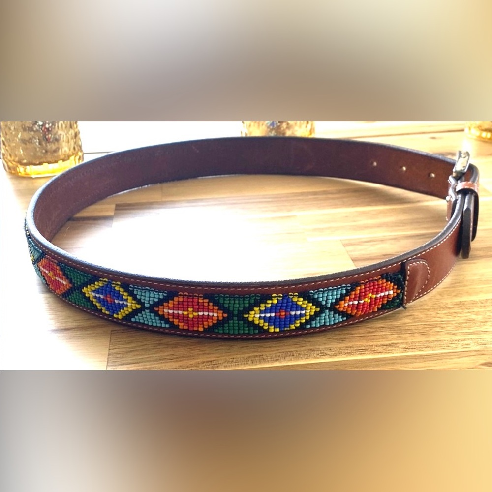 GAP Brown Genuine Leather Belt with Multicolor beaded Pattern